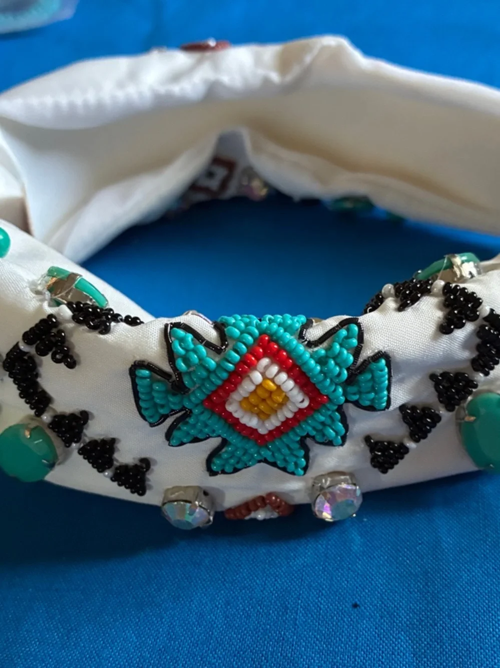 Embellished White Beaded Turban Headband with Turquoise Accents